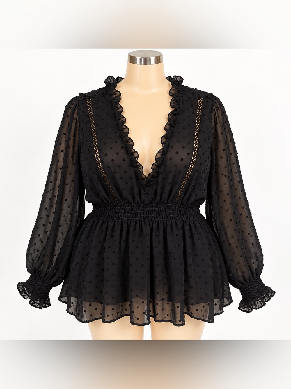 Ruffled V-Neck Black Swiss Dot Peplum Blouse